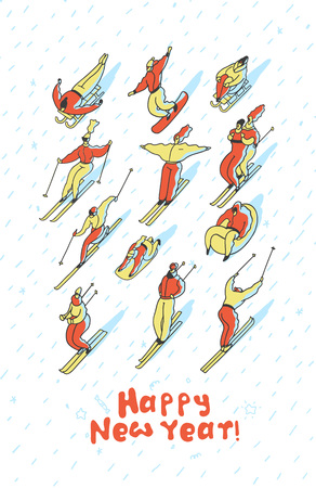 Creative greeting card for New Year. Skiing people in winter on a tubing, snowboard, ski, sleigh. Line vector illustration.のイラスト素材