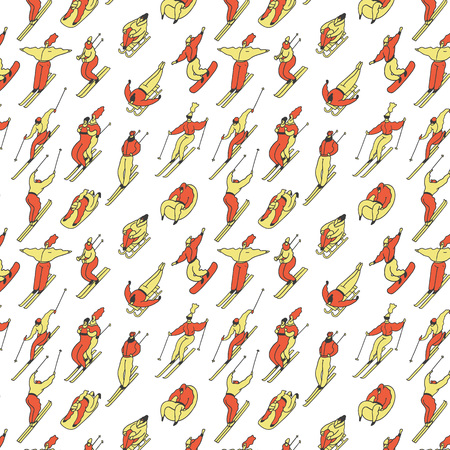 Pattern skiing people in winter on a tubing, snowboard, ski, sleigh. Colored vector illustration on white backgroundのイラスト素材