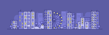 City landscape with the Ferris wheel in the night. Panoramic vector flat illustrationのイラスト素材