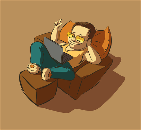 Lazy man with a laptop clicks on the buttonのイラスト素材