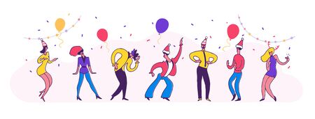 New year party dance. Happy business people at a Christmas and New Year's corporate party. Happy men and women dancing and having fun. Panoramic vector illustration.のイラスト素材