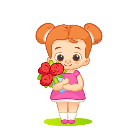 Cute schoolgirl smiles stay in a pink dress with tie with roses flowers. Vector illustration on white backgroundのイラスト素材