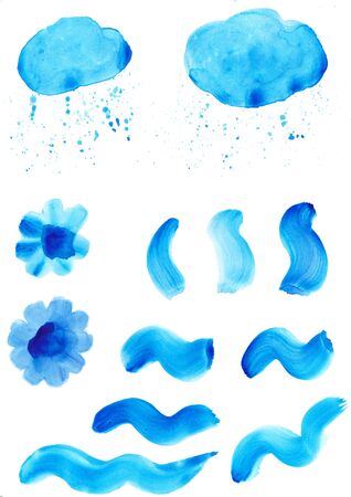 Spot of painted watercolor color in blue on a white background, hand drawing. Blue spot with watercolor with blue spotsの写真素材
