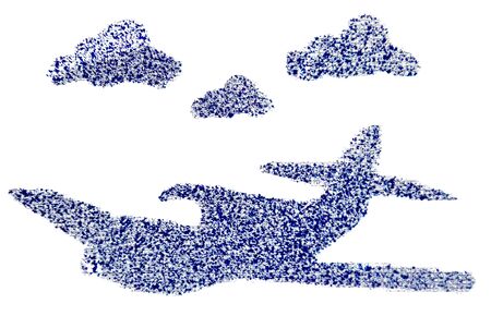 blue airplane in the clouds on a white background isolatedの写真素材