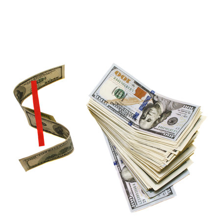 Dollar sign next to a stack of hundred dollar bills on white isolated backgroundの写真素材