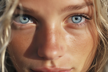 Close up of a beautiful young woman's face with blue eyes.の素材