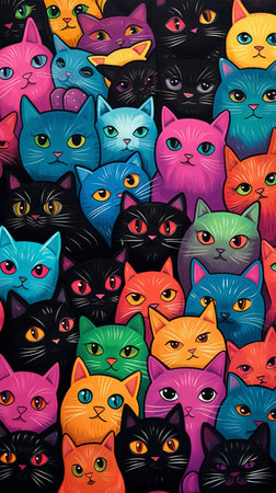 pattern with cute cartoon cats on black backgroundの素材