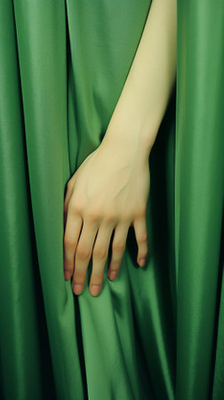 a woman's hand with six fingers on a background of green silk fabricの素材