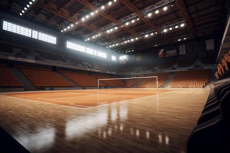 empty sports arena with floodlights and wooden floorの素材
