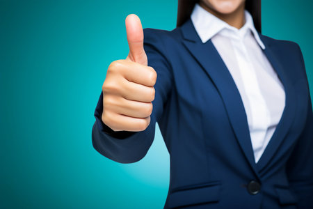Closeup of businesswoman showing thumbs up against blue vignetteの素材