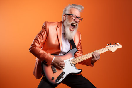 Portrait of a happy senior man playing electric guitar on orange backgroundの素材