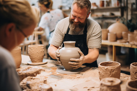 a man at a pottery master class makes a jugの素材