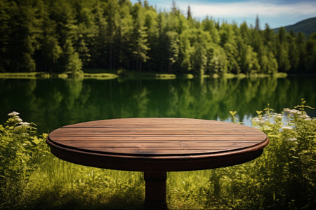 Empty wooden table for product display montages with mountain lake background.の素材