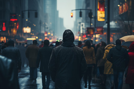 Crowds of people walking through Times Square in New York City at night.の素材