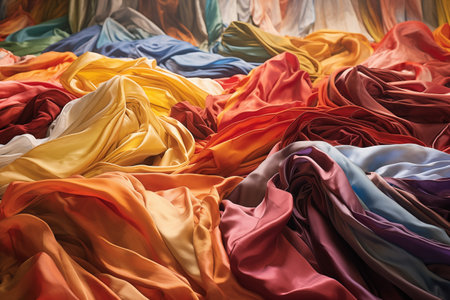 Texture, background, pattern. Silk fabric of different colors in a pileの素材