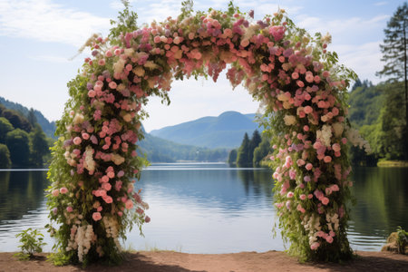 Wedding arch decorated with pink and white flowers on a lakeの素材