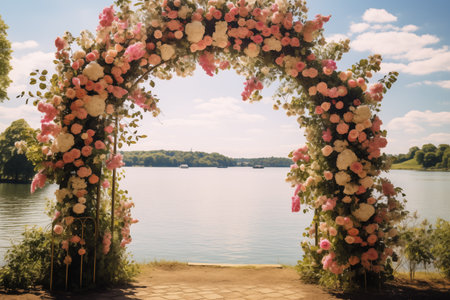 Wedding arch decorated with pink and white flowers on the lakeの素材