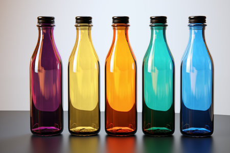 Colorful glass bottles on black table.の素材