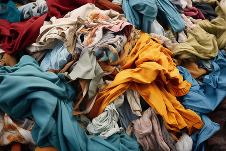 Pile of multicolored clothes, old fabric for recyclingの素材
