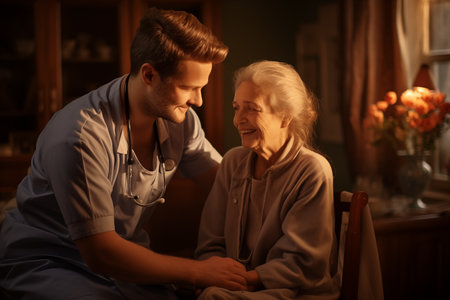 male nurse cares for an elderly womanの素材