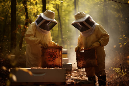 Two beekeepers in protective suits working with bees in apiary.の素材