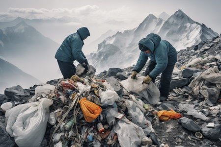 Unidentified volunteers collect garbageの素材