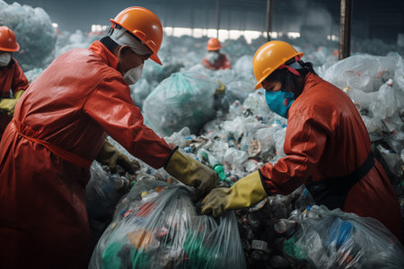 Workers are sorting garbage in the factory. The concept of environmental pollution.の素材