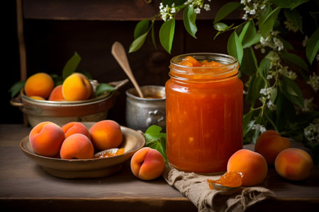 Homemade apricot jam in a glass jar. Selective focus.の素材