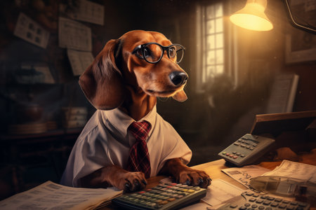 dog in a business suit and glasses is sitting at the table and working.の素材