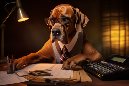 Cute dog with glasses working on the deskの素材