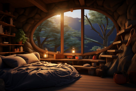 wooden bedroom, cozy interior inside a treeの素材