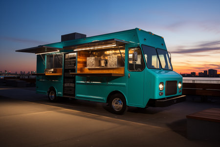Sunset view of a turquoise ice cream truck on the pier, food truck on the streetの素材