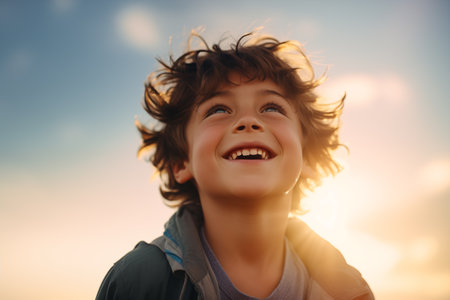 Portrait of a cute little boy at sunset. The boy is smiling.の素材