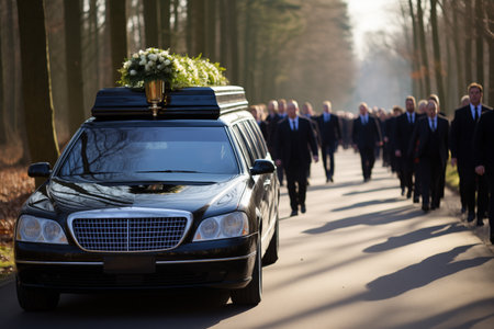 Wedding car in a cemetery with a group of groomsの素材