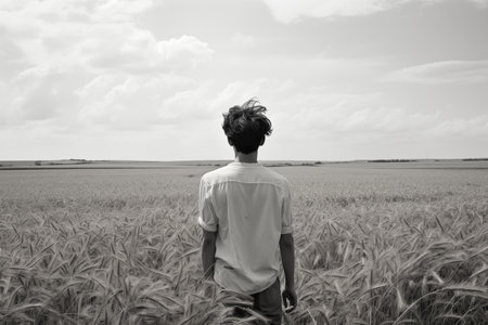 Young man standing in a wheat field and looking at the horizon.の素材