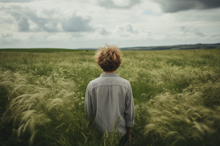 Rear view of a young man standing in the middle of a green wheat field.の素材