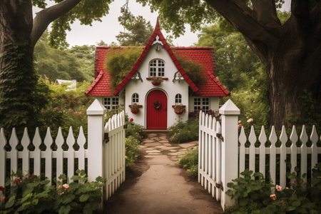 Beautiful red house with white fence in the park. Vintage style.の素材