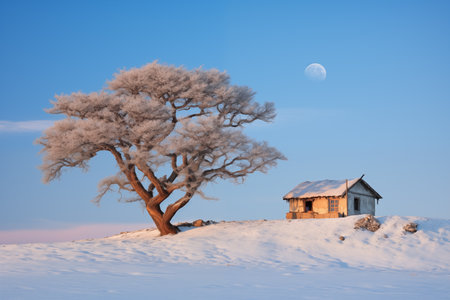 Beautiful winter landscape with lonely tree, house and moon in the skyの素材