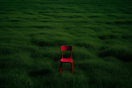 Red chair on the green meadow.の素材