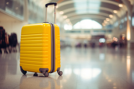 Yellow travel suitcase in airport terminal. Travel concept.の素材
