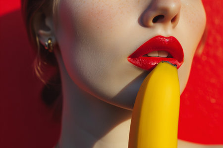 Fashion photo of beautiful woman with red lips and yellow banana.の素材