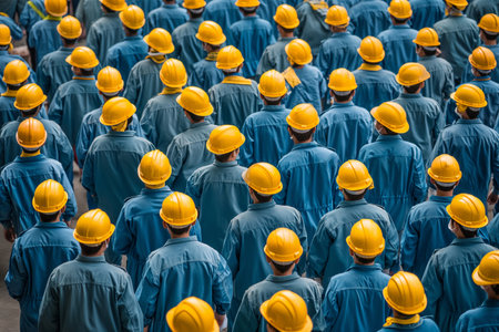 Group of factory workers wearing safety helmet and blue uniform in factory.の素材