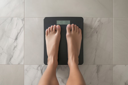 Close up of woman's feet on weight scale, weight loss conceptの素材