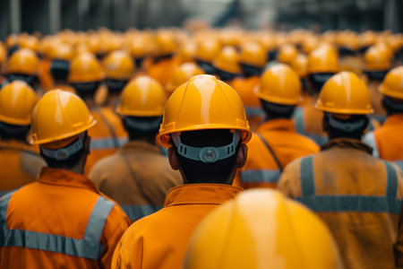 Group of factory workers in hardhats. Industrial and industrial workers concept.の素材