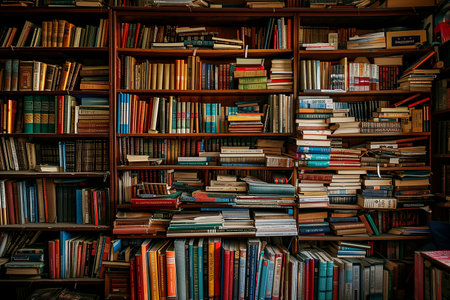 Pile of old books on a shelf in a book store.の素材