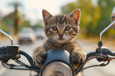 Cute little kitten sitting on a motorcycle. Selective focus.の素材