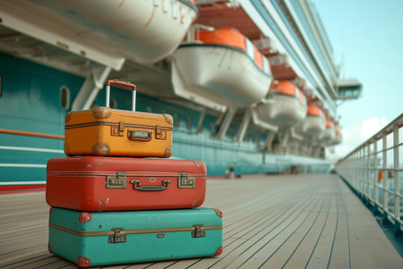 Pair of colorful suitcases on the deck of a cruise shipの素材