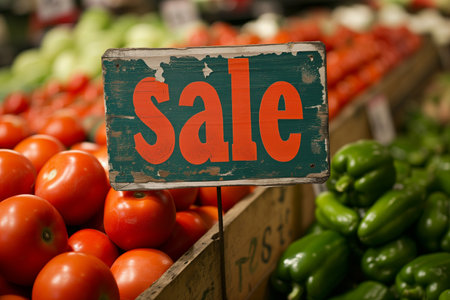 sale sign on a market stall with tomatoes and peppers in the backgroundの素材