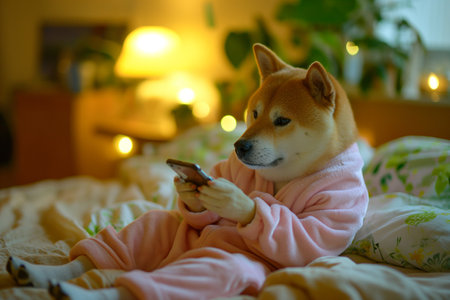 Shiba inu dog in a pink bathrobe on the bed with smartphone.の素材