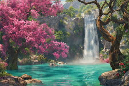 Beautiful waterfall in a tropical forest with pink flowers and blue skyの素材